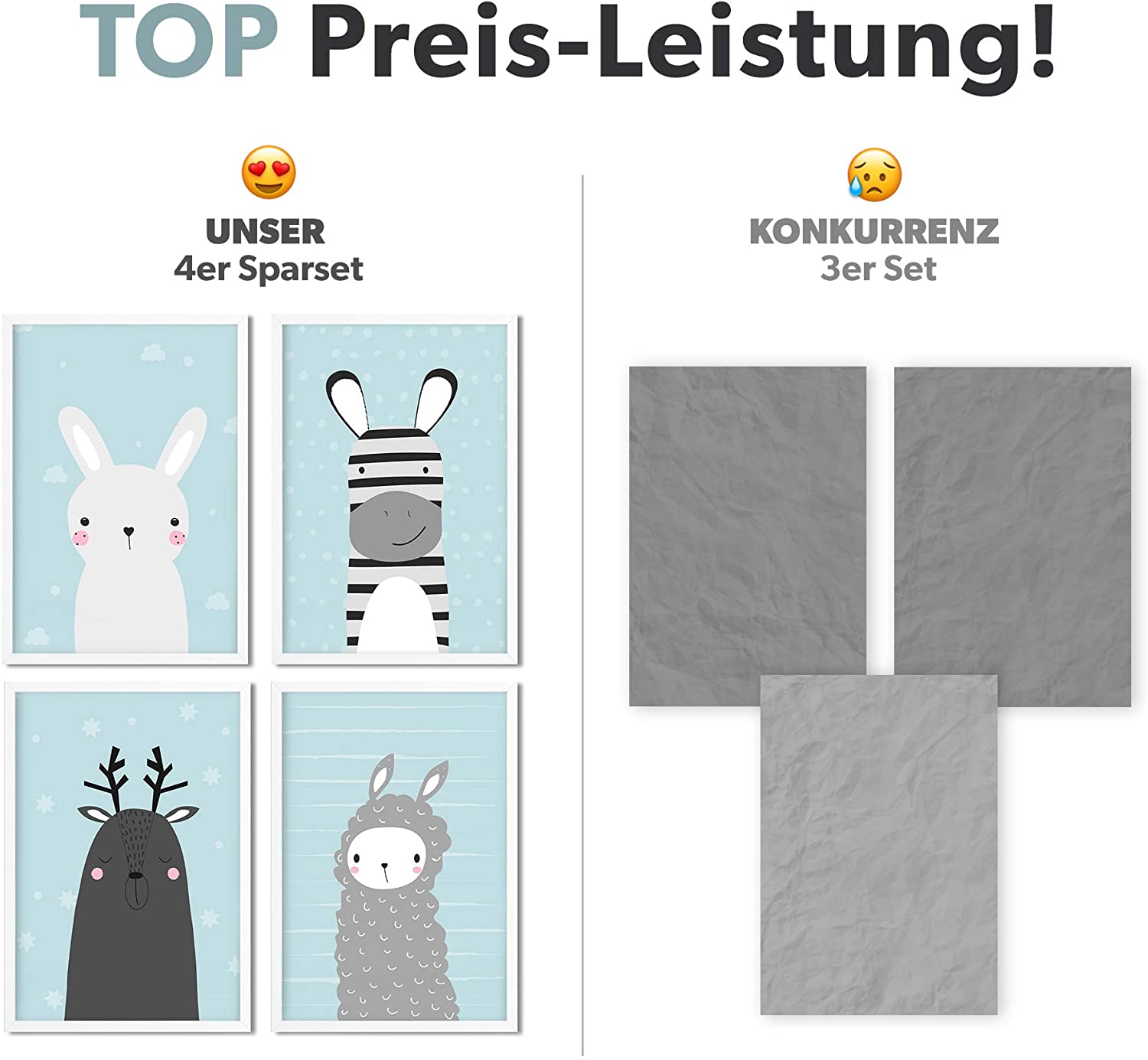 Golden Posters Poster Kinderzimmer 4er Set für Mädchen und Junge – Hase, Lama, REH und Zebra – Blau (DIN A4)